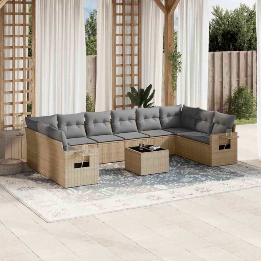vidaXL Loungegrupp för trädgården m. dynor 11 delar beige konstrotting