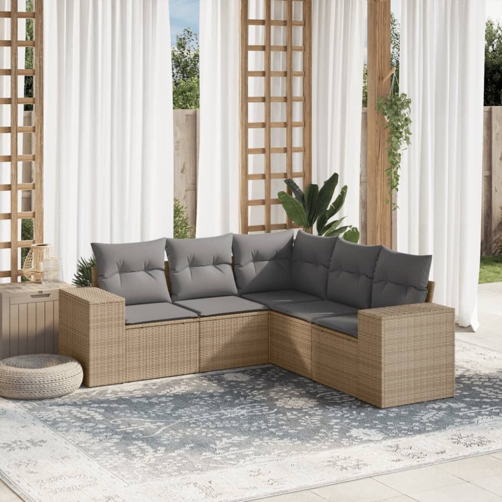 vidaXL Soffgrupp för trädgården med dynor 5 delar beige konstrotting