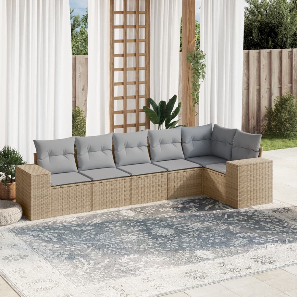 vidaXL Soffgrupp för trädgården med dynor 6 delar beige konstrotting