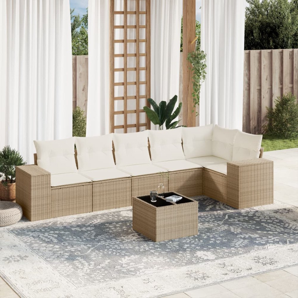 vidaXL Matgrupp för trädgården med dynor 7 delar beige konstrotting