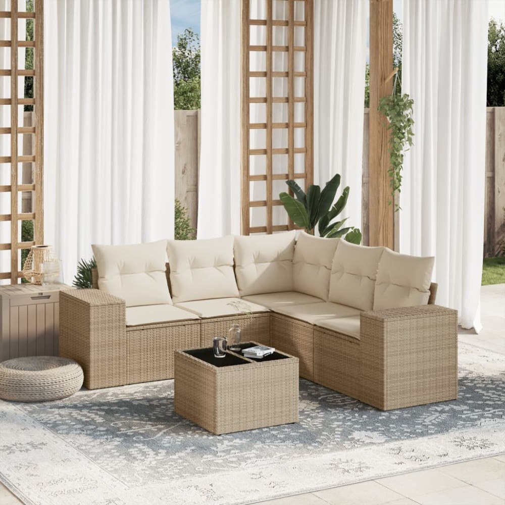 vidaXL Soffgrupp för trädgården med dynor 6 delar beige konstrotting