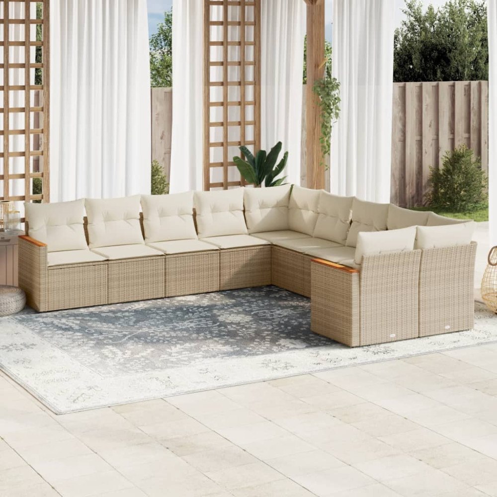 vidaXL Soffgrupp för trädgård med dynor 10 delar beige konstrotting