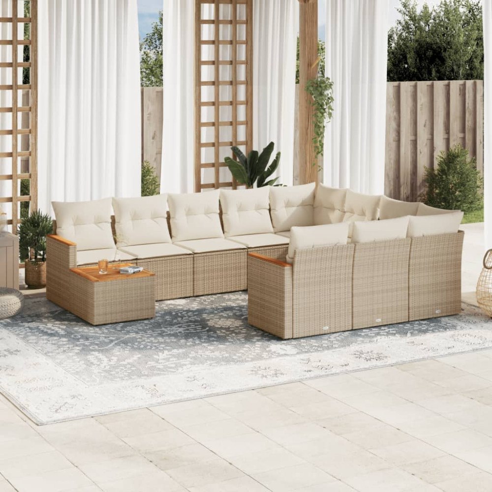 vidaXL Loungegrupp för trädgården m. dynor 11 delar beige konstrotting