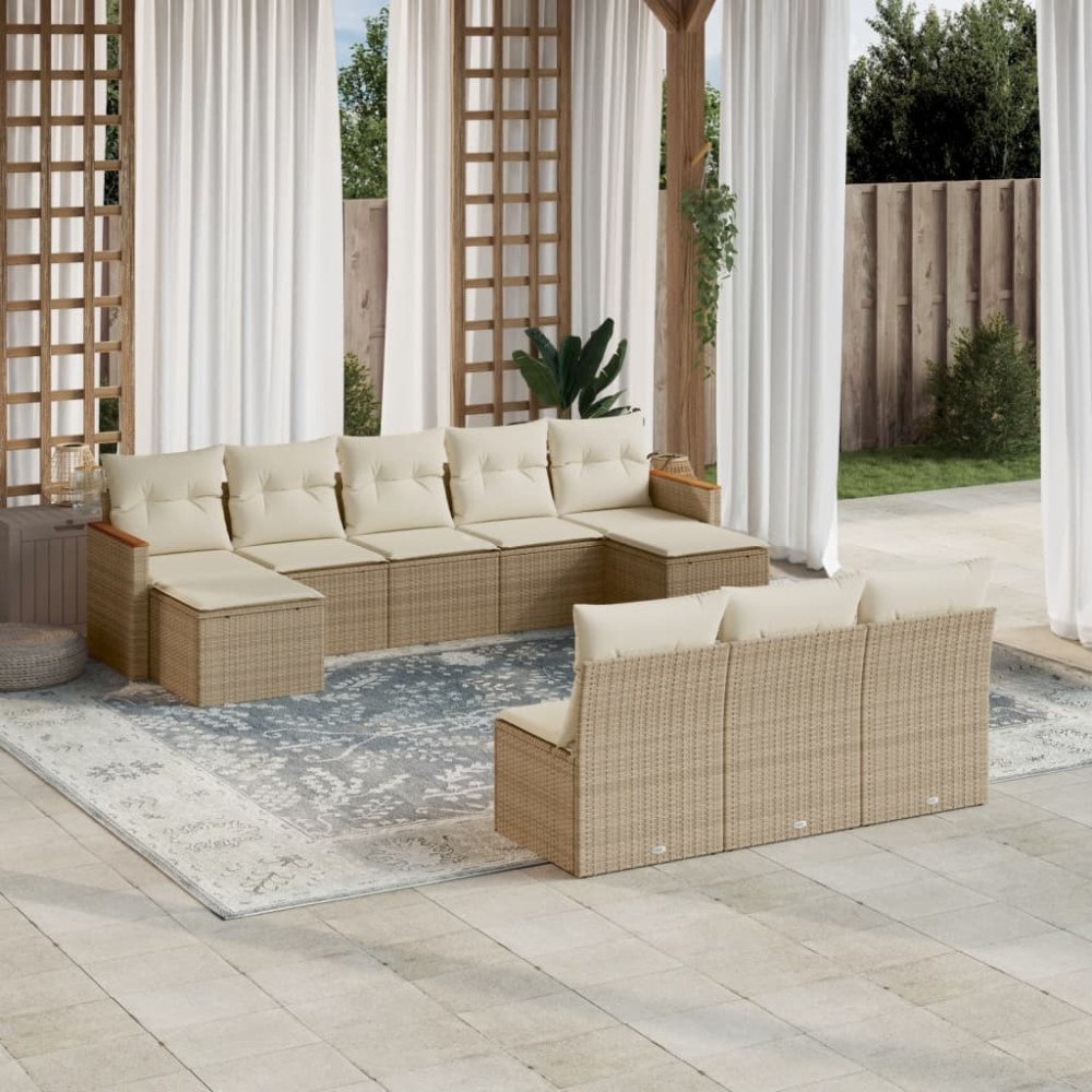 vidaXL Soffgrupp för trädgård med dynor 10 delar beige konstrotting