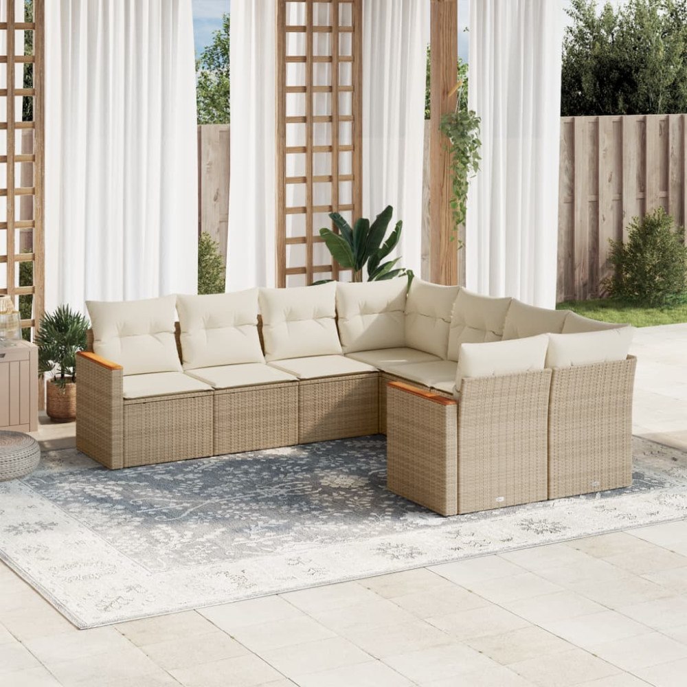 vidaXL Matgrupp för trädgården med dynor 8 delar beige konstrotting