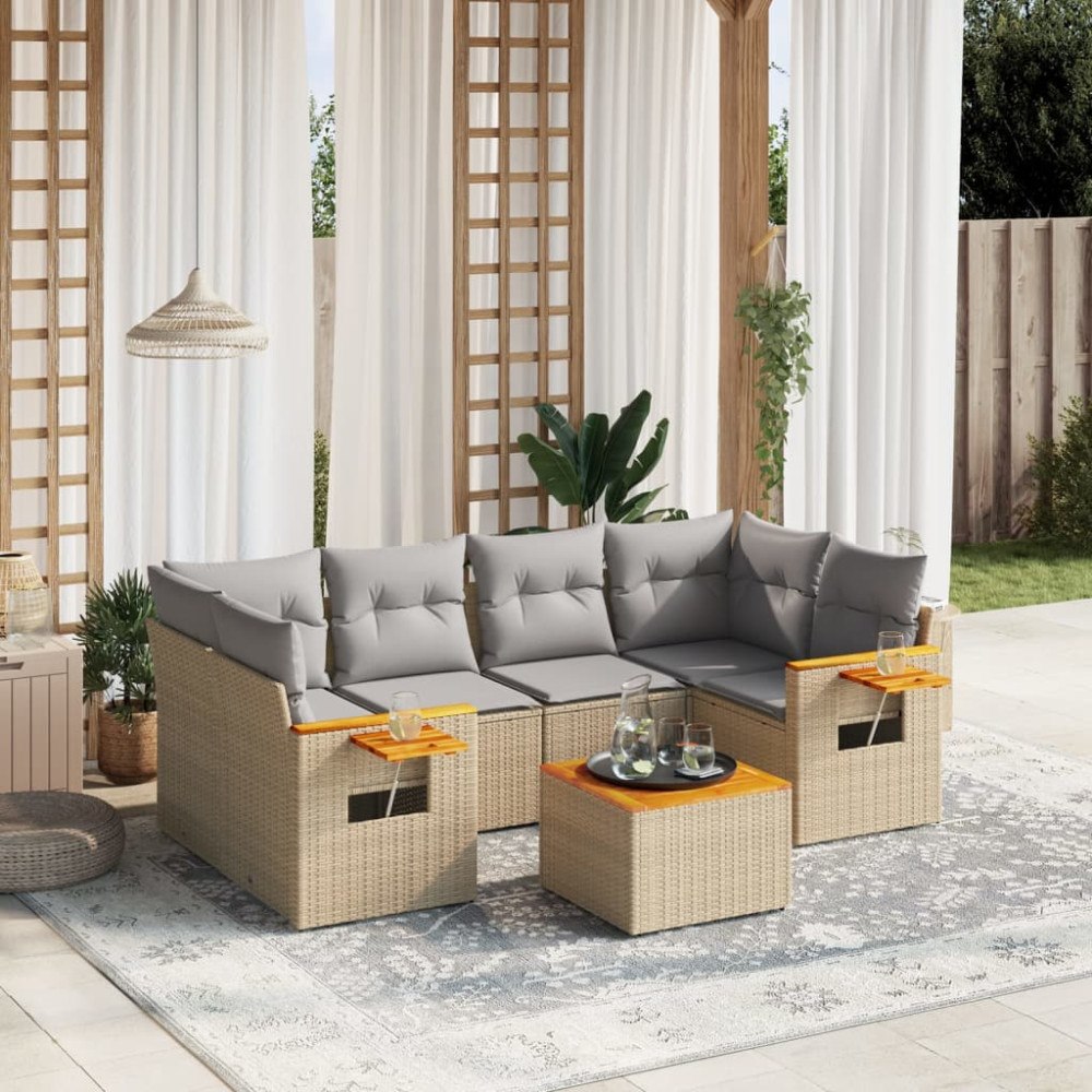 vidaXL Matgrupp för trädgården med dynor 7 delar beige konstrotting