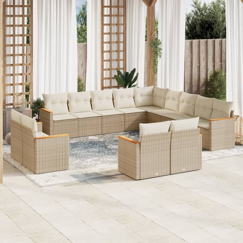 vidaXL Soffgrupp för trädgården med dynor 13 delar beige konstrotting