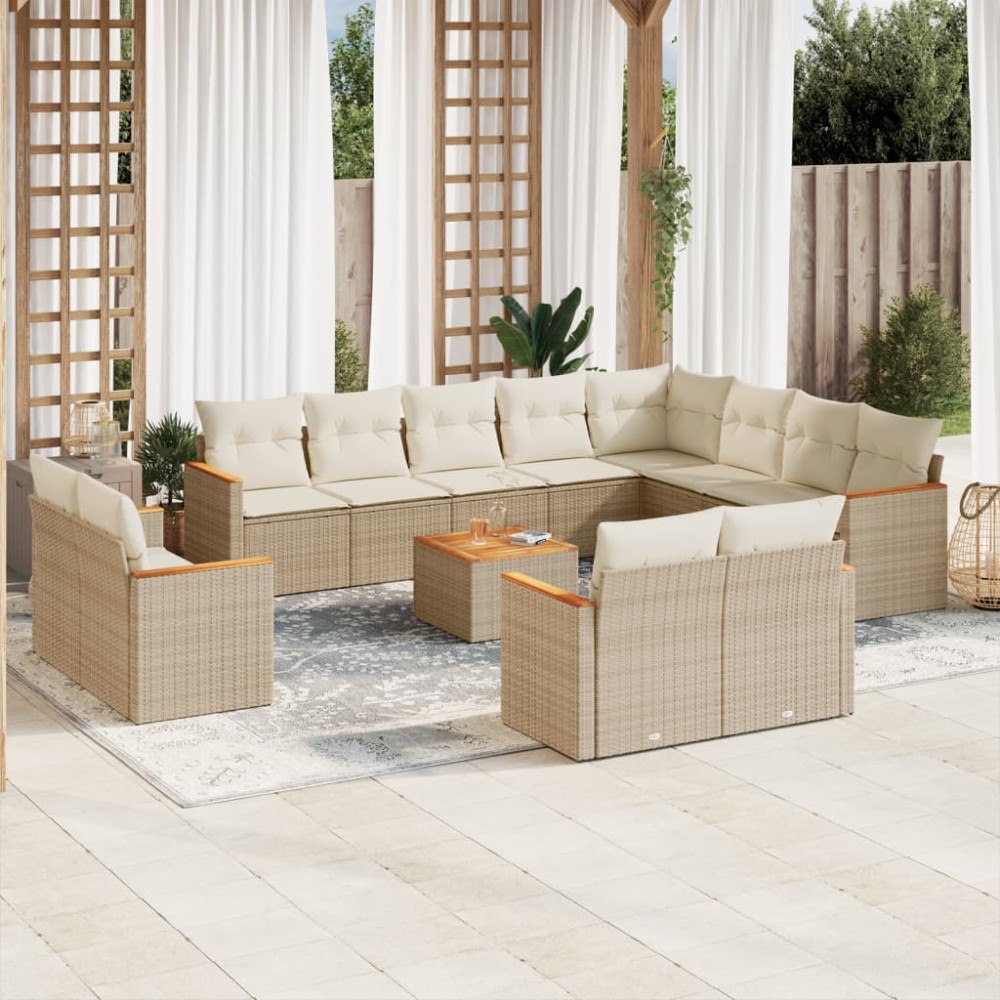 vidaXL Soffgrupp för trädgården med dynor 13 delar beige konstrotting