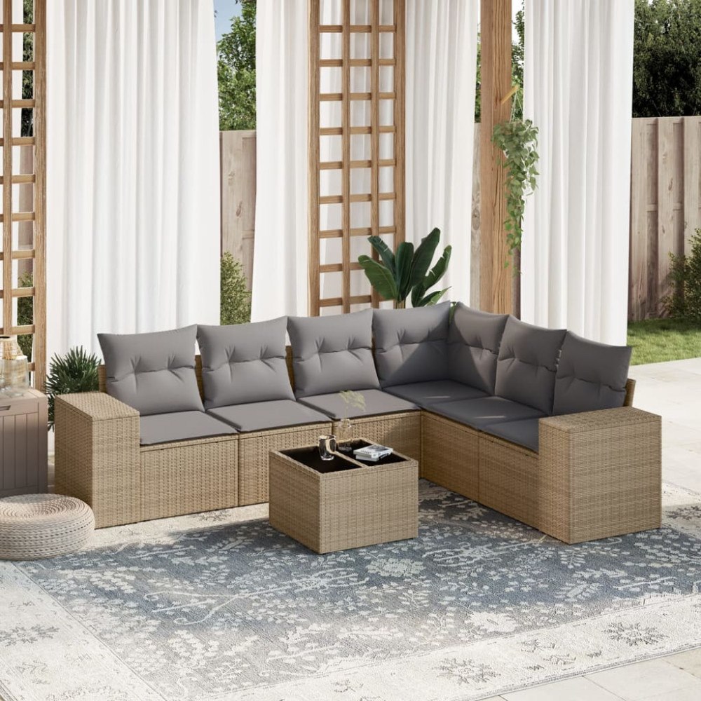 vidaXL Matgrupp för trädgården med dynor 7 delar beige konstrotting