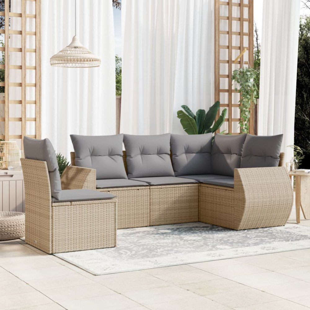 vidaXL Soffgrupp för trädgården med dynor 5 delar beige konstrotting