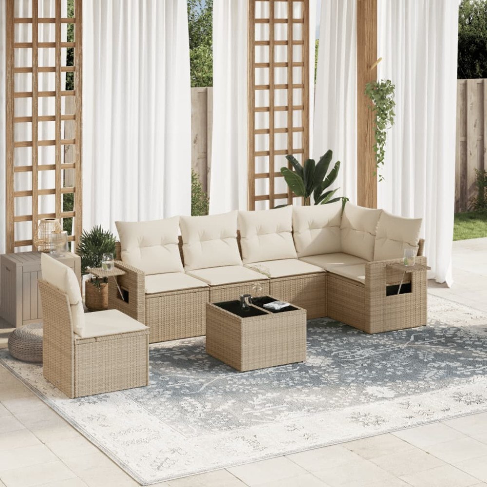 vidaXL Matgrupp för trädgården med dynor 7 delar beige konstrotting