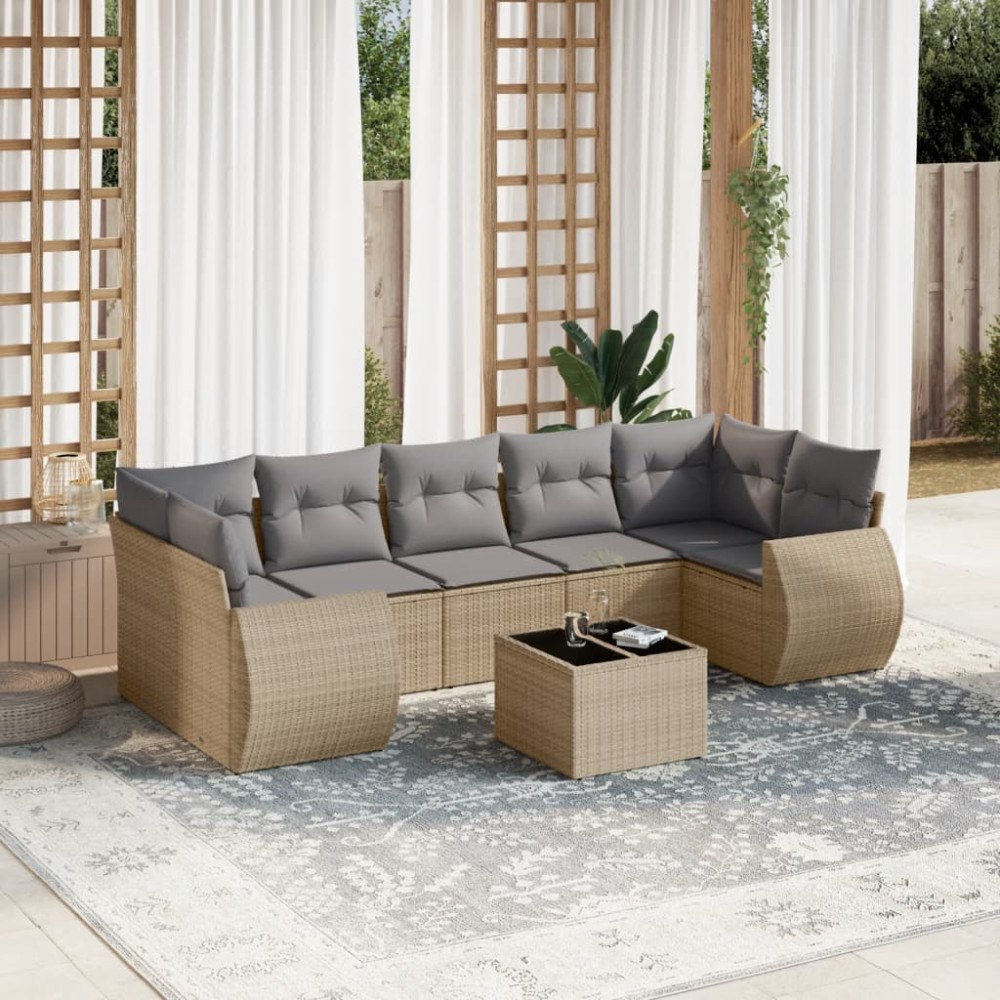 vidaXL Matgrupp för trädgården med dynor 8 delar beige konstrotting