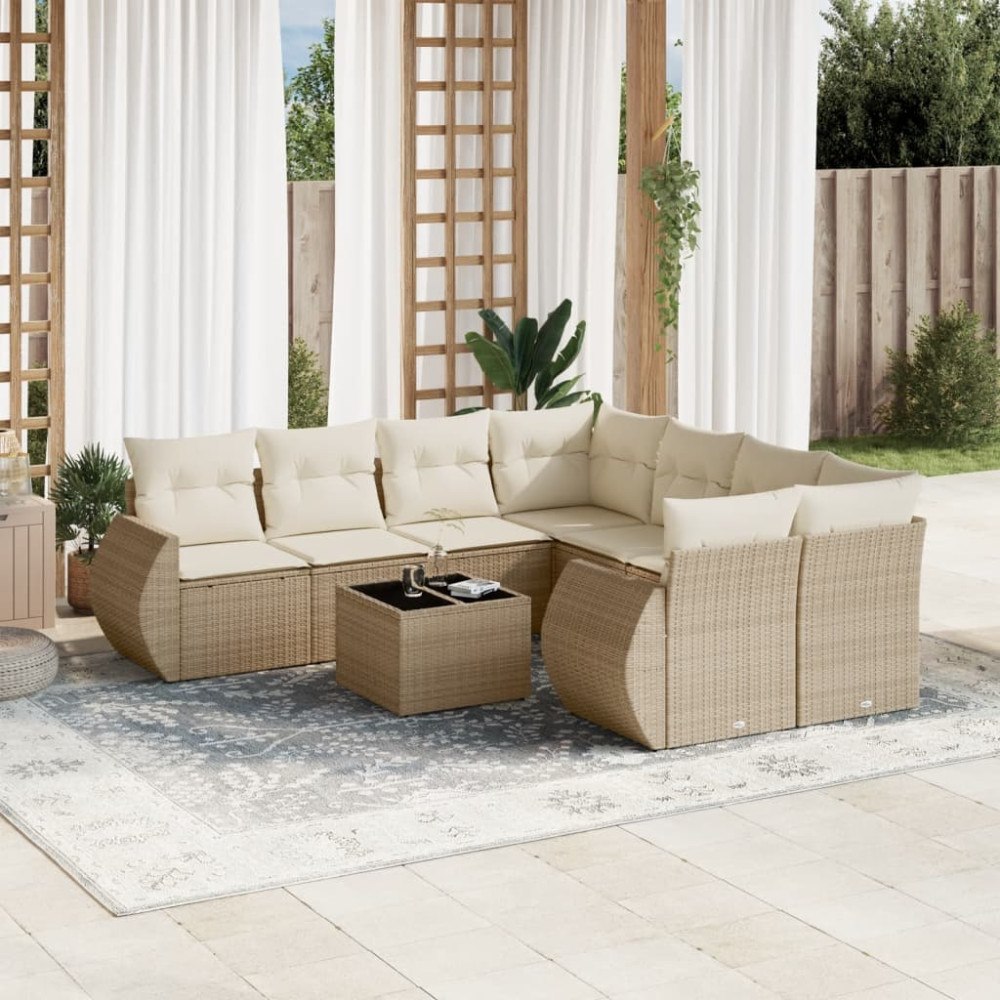 vidaXL Soffgrupp för trädgården med dynor 9 delar beige konstrotting