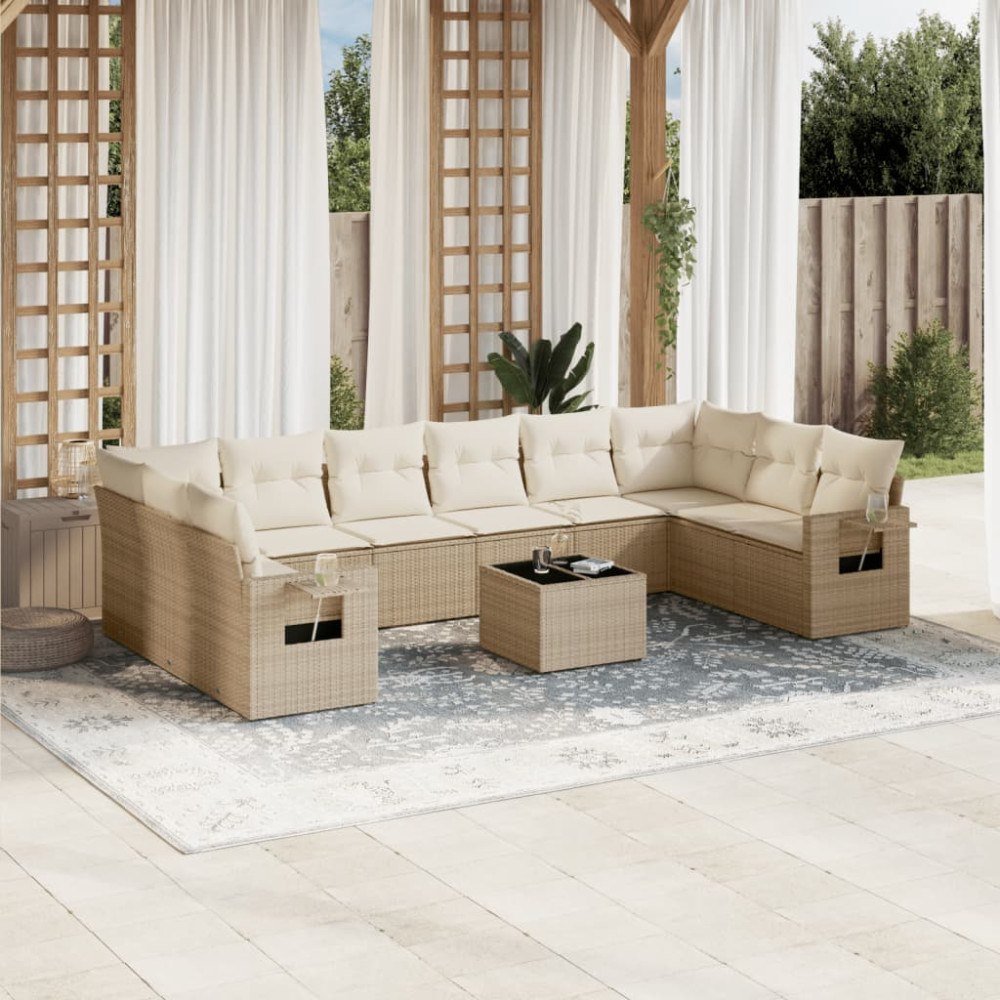 vidaXL Loungegrupp för trädgården m. dynor 11 delar beige konstrotting