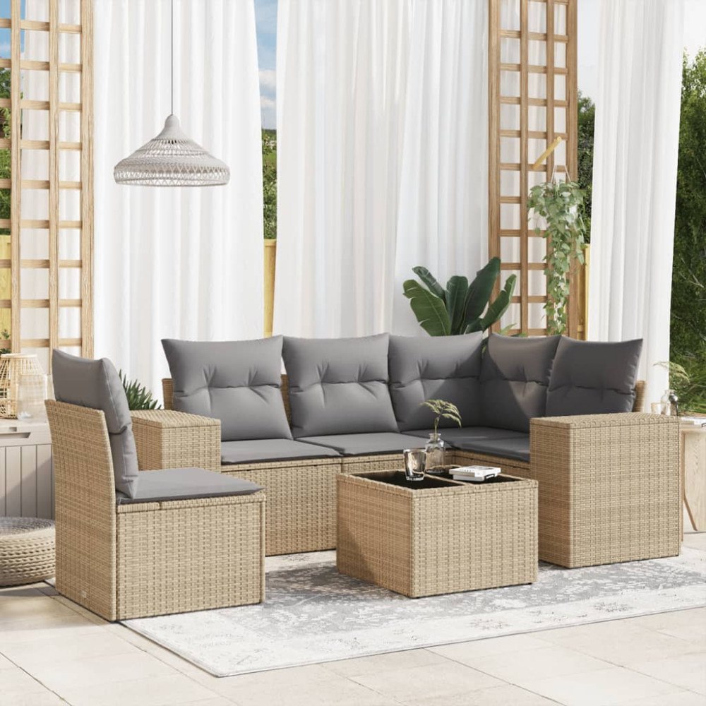 vidaXL Soffgrupp för trädgården med dynor 6 delar beige konstrotting