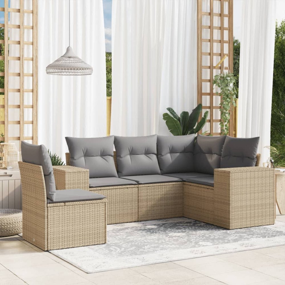 vidaXL Soffgrupp för trädgården med dynor 5 delar beige konstrotting