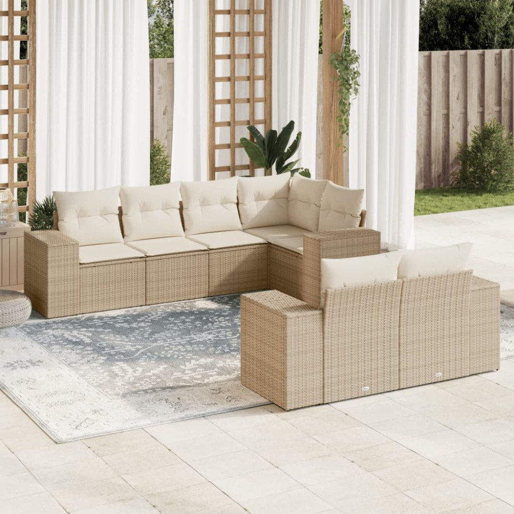 vidaXL Matgrupp för trädgården med dynor 7 delar beige konstrotting