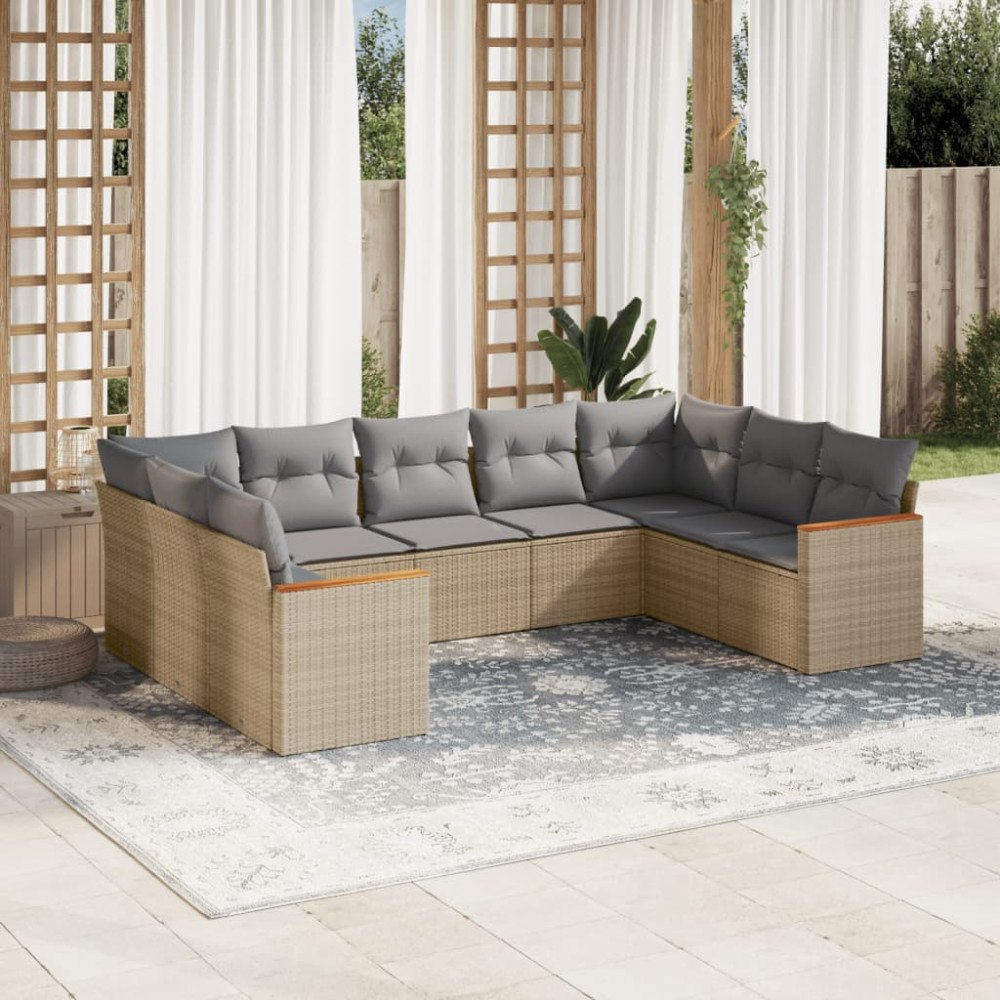 vidaXL Soffgrupp för trädgården med dynor 9 delar beige konstrotting