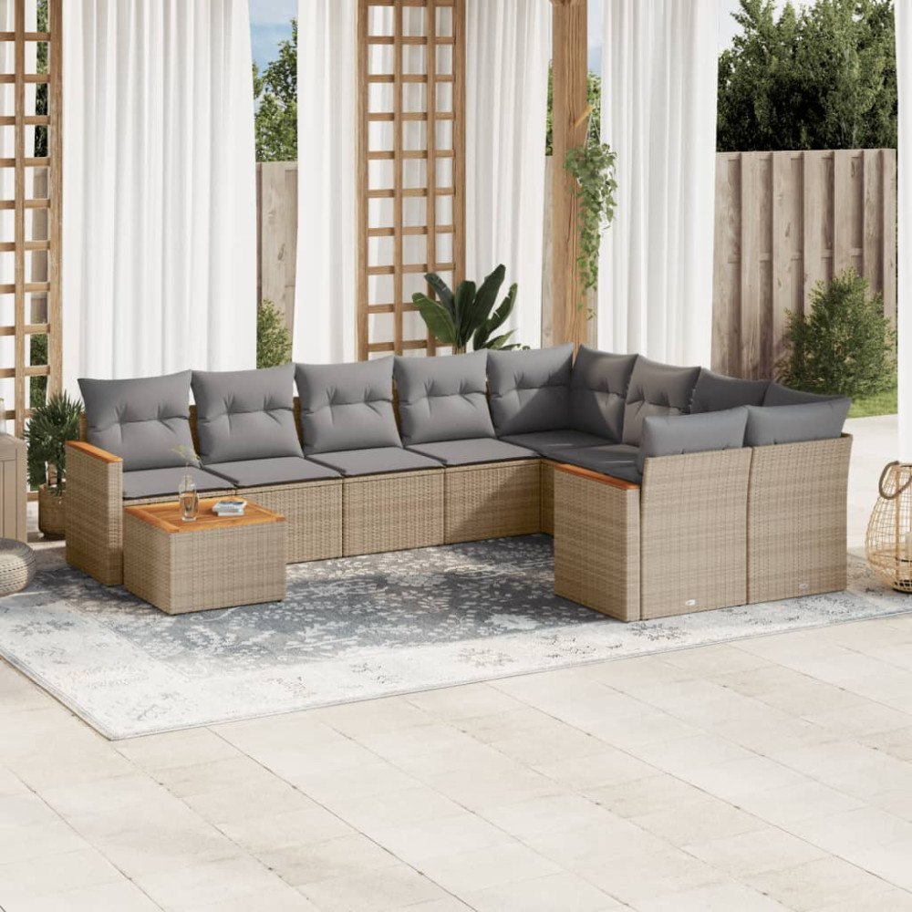 vidaXL Soffgrupp för trädgård med dynor 10 delar beige konstrotting