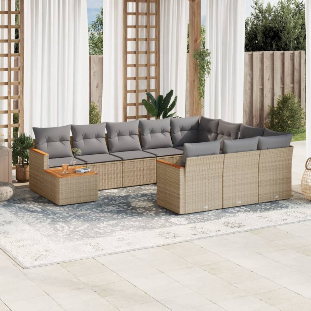 vidaXL Loungegrupp för trädgården m. dynor 11 delar beige konstrotting