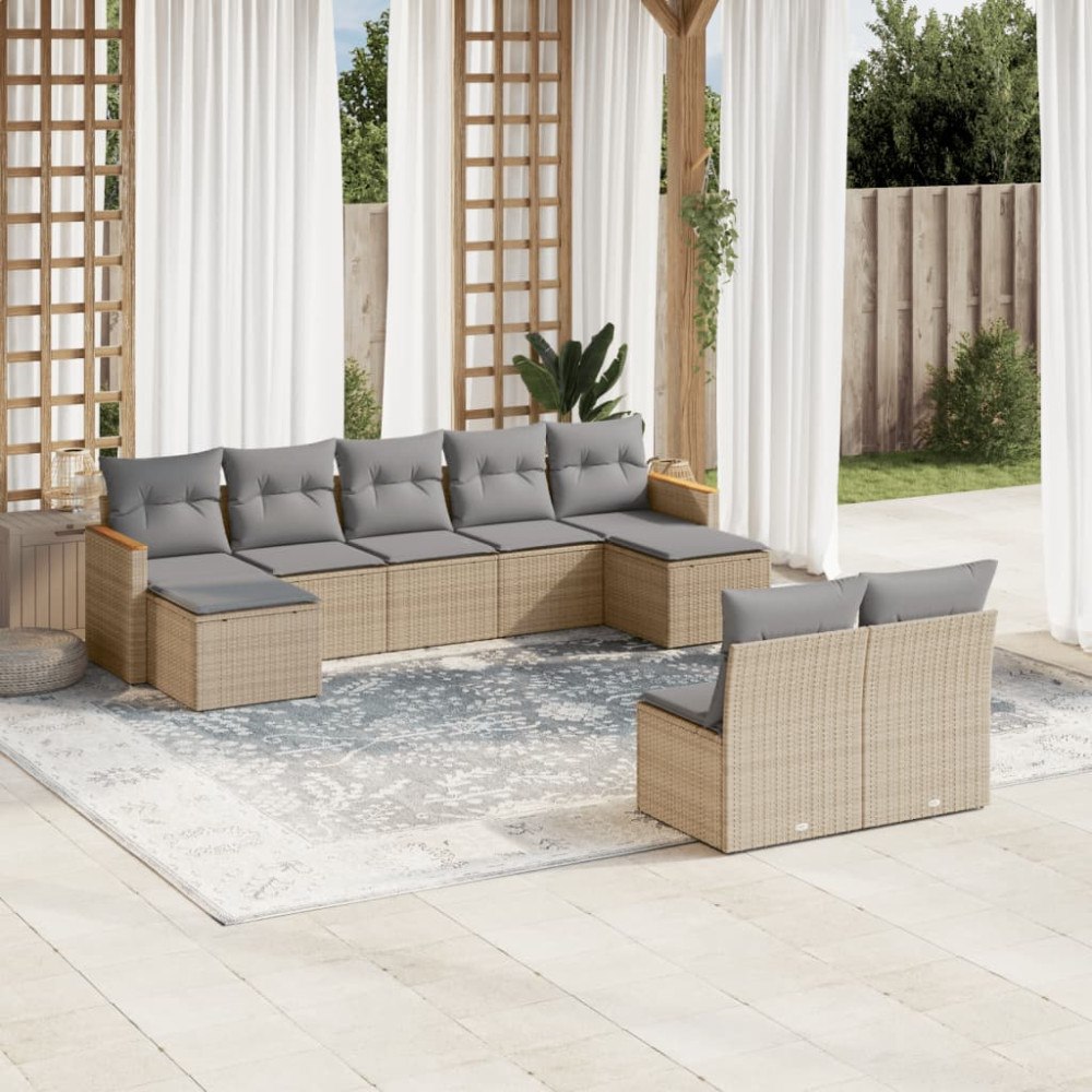 vidaXL Soffgrupp för trädgården med dynor 9 delar beige konstrotting