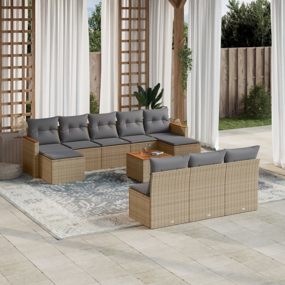 vidaXL Loungegrupp för trädgården m. dynor 11 delar beige konstrotting