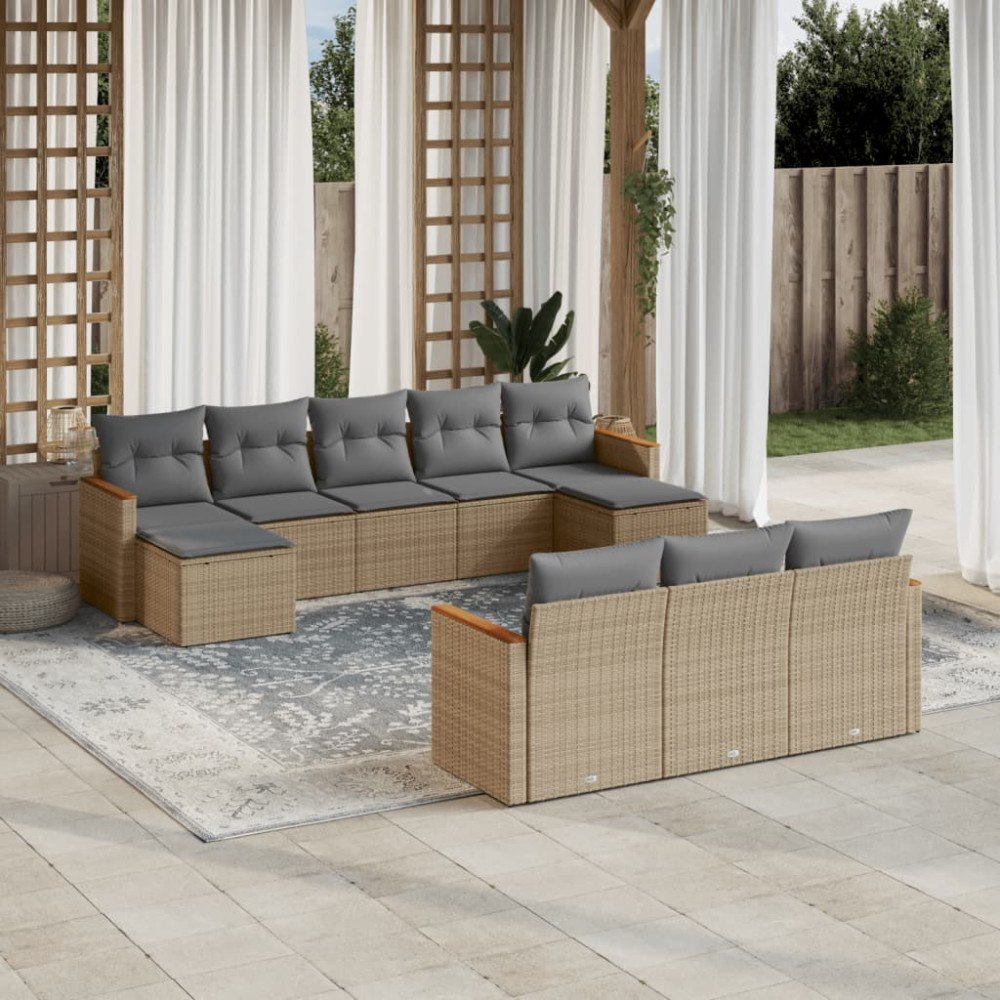 vidaXL Soffgrupp för trädgård med dynor 10 delar beige konstrotting