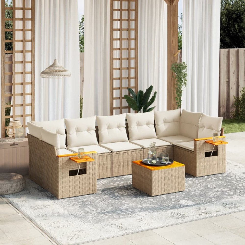 vidaXL Matgrupp för trädgården med dynor 8 delar beige konstrotting