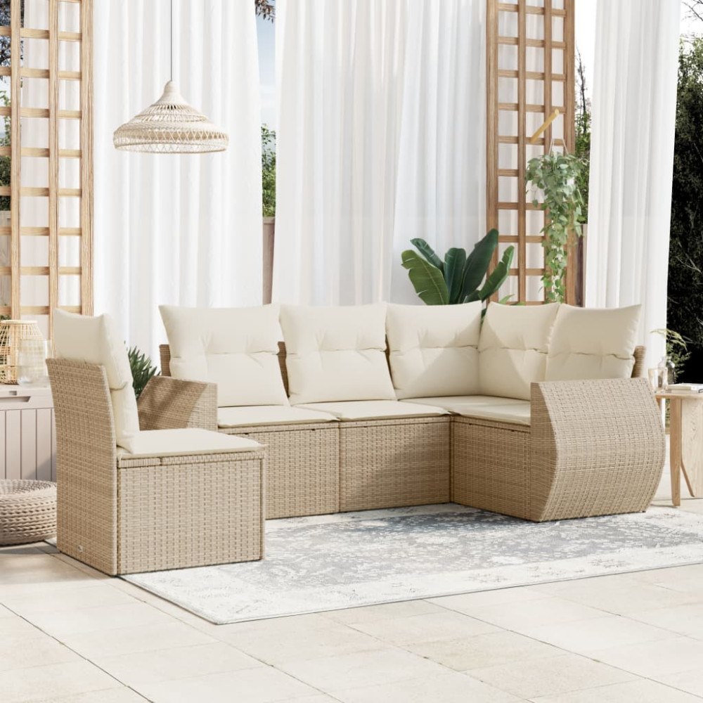 vidaXL Soffgrupp för trädgården med dynor 5 delar beige konstrotting