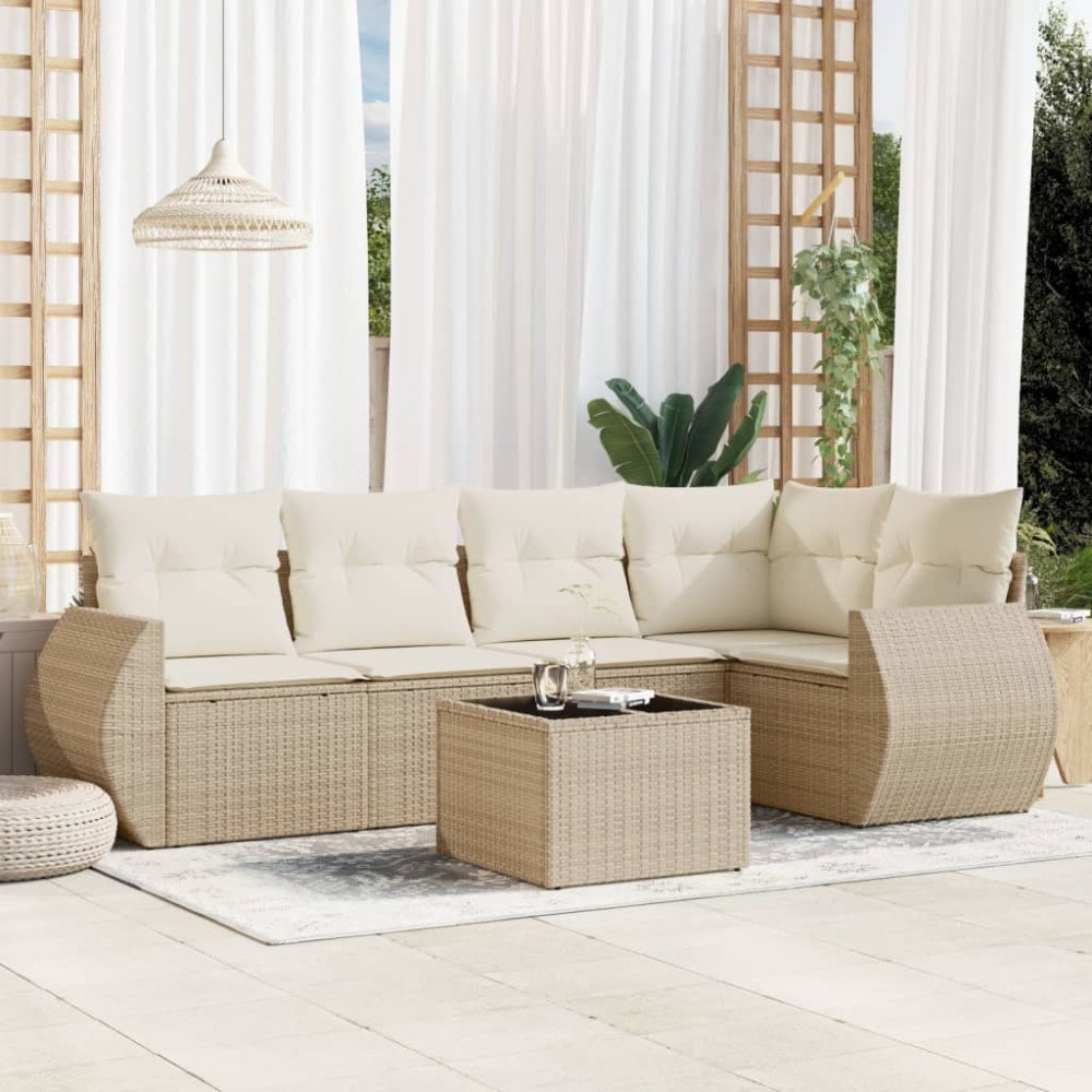 vidaXL Soffgrupp för trädgården med dynor 6 delar beige konstrotting
