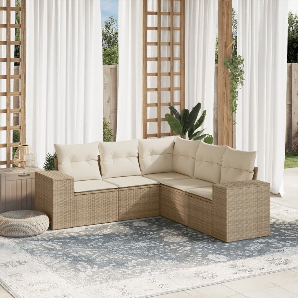 vidaXL Soffgrupp för trädgården med dynor 5 delar beige konstrotting
