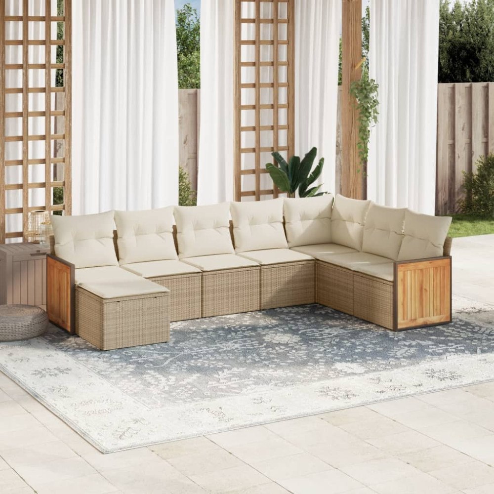 vidaXL Matgrupp för trädgården med dynor 8 delar beige konstrotting