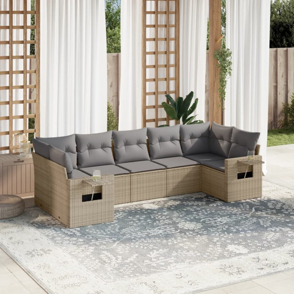 vidaXL Matgrupp för trädgården med dynor 7 delar beige konstrotting