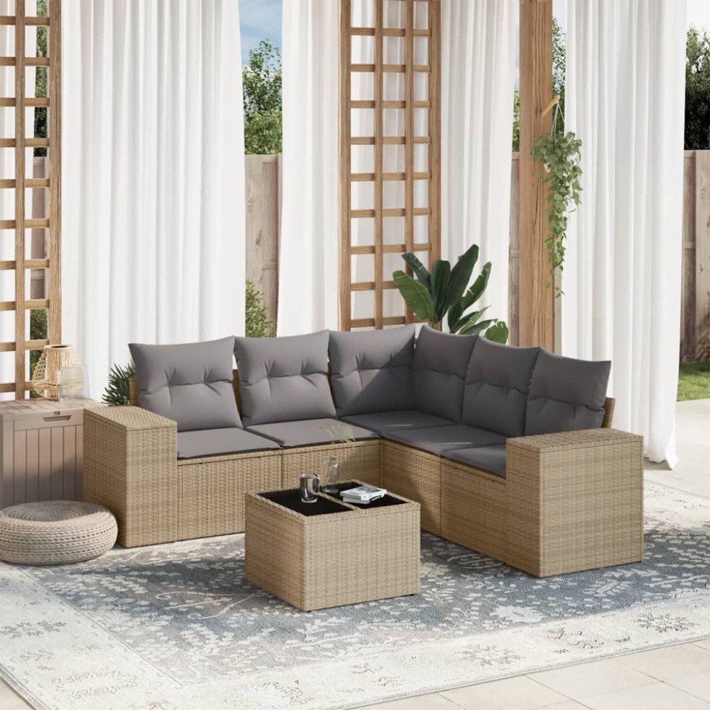 vidaXL Soffgrupp för trädgården med dynor 6 delar beige konstrotting