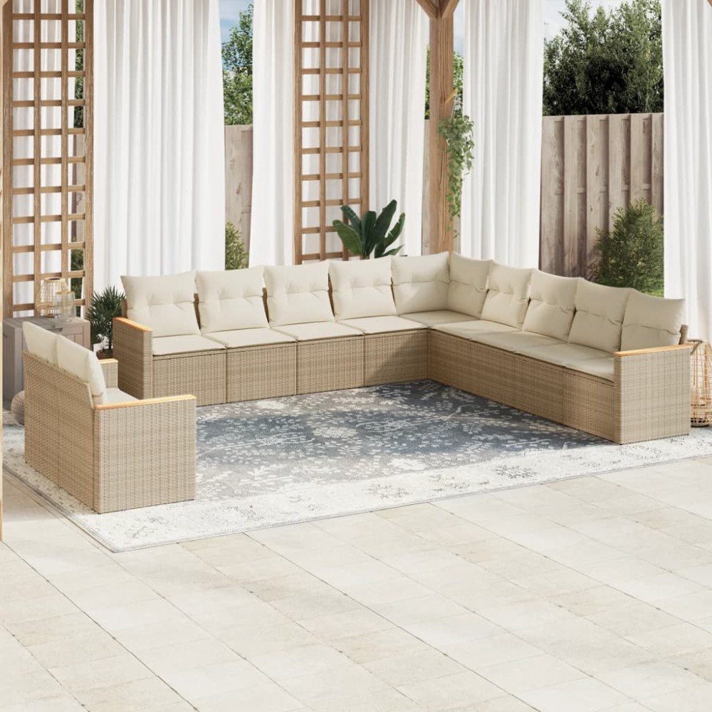 vidaXL Loungegrupp för trädgården m. dynor 11 delar beige konstrotting