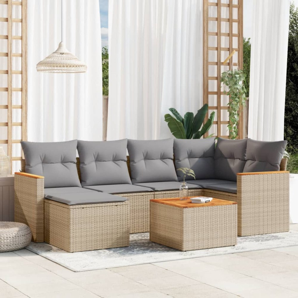 vidaXL Matgrupp för trädgården med dynor 7 delar beige konstrotting