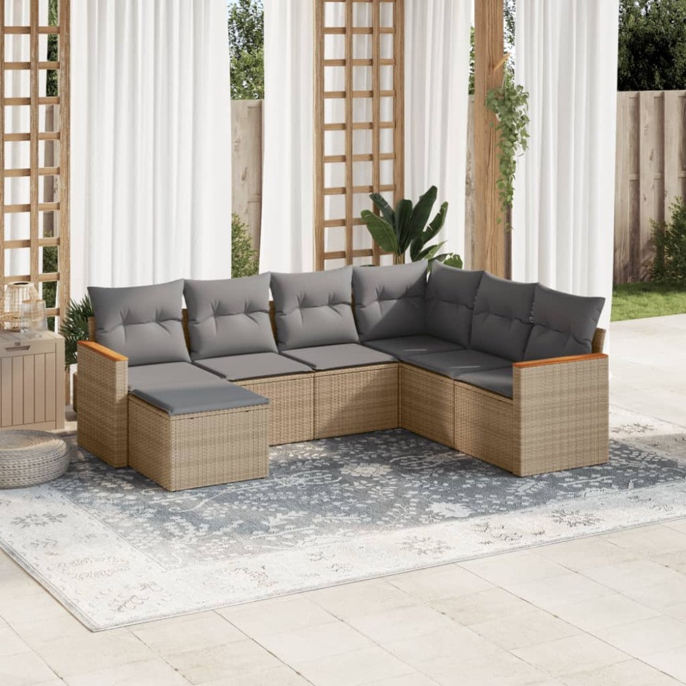 vidaXL Matgrupp för trädgården med dynor 7 delar beige konstrotting
