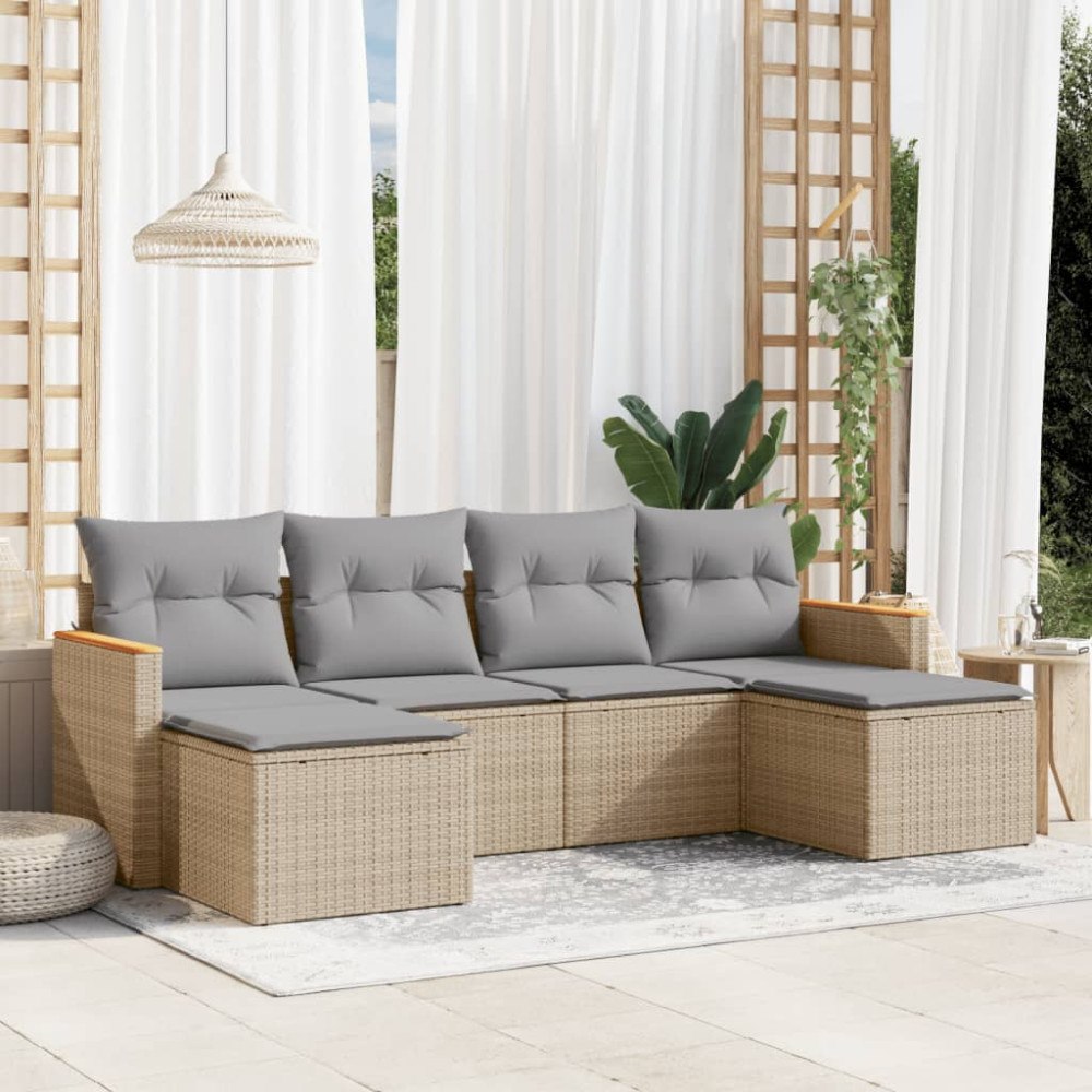 vidaXL Soffgrupp för trädgården med dynor 6 delar beige konstrotting