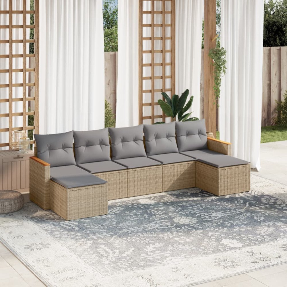 vidaXL Matgrupp för trädgården med dynor 7 delar beige konstrotting