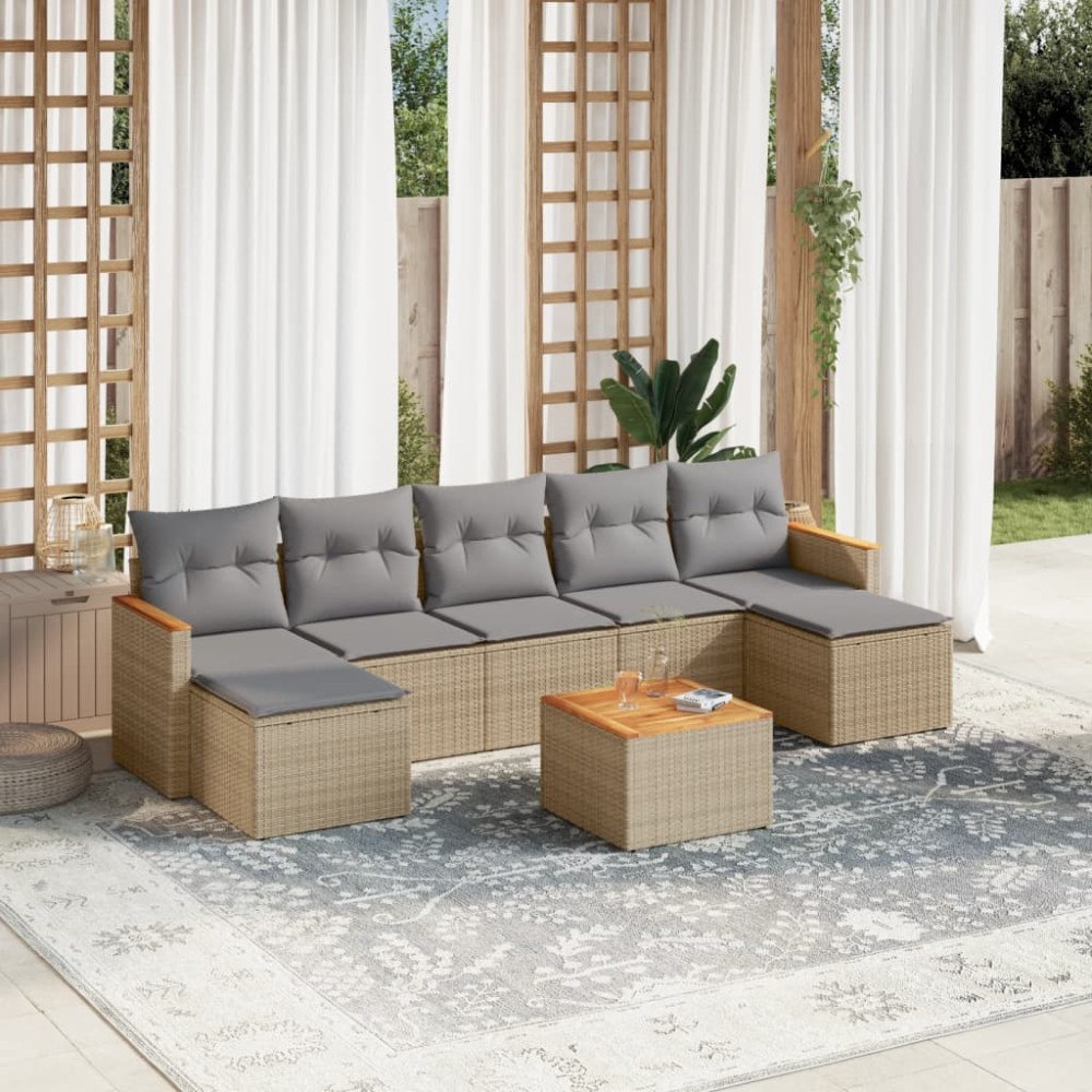 vidaXL Matgrupp för trädgården med dynor 8 delar beige konstrotting