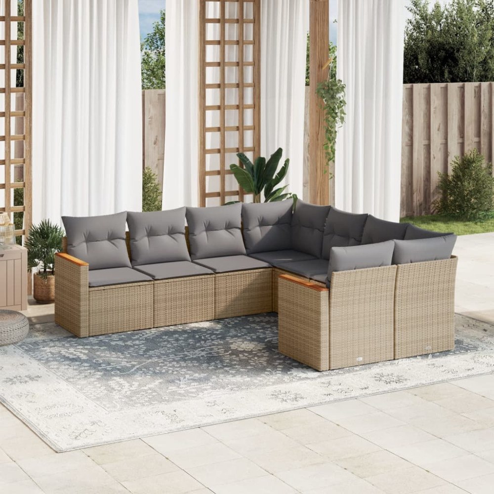 vidaXL Matgrupp för trädgården med dynor 8 delar beige konstrotting