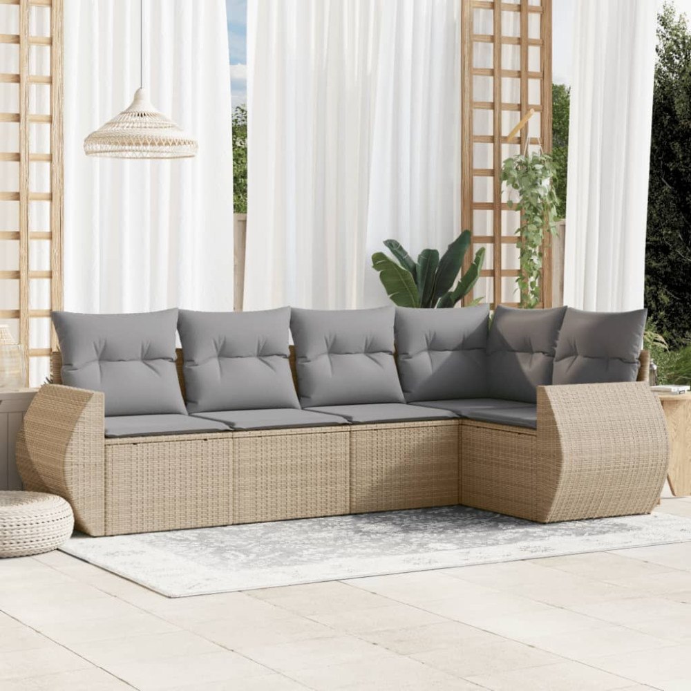 vidaXL Soffgrupp för trädgården med dynor 5 delar beige konstrotting