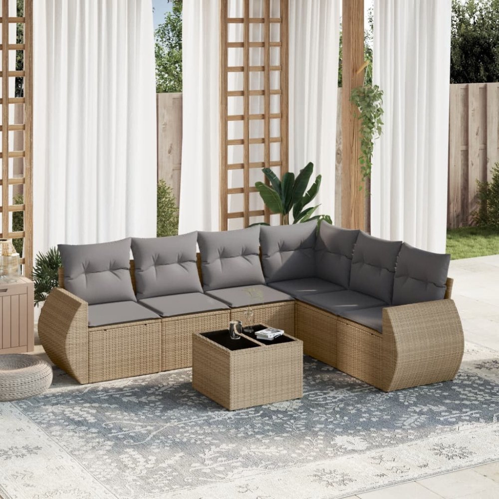 vidaXL Matgrupp för trädgården med dynor 7 delar beige konstrotting