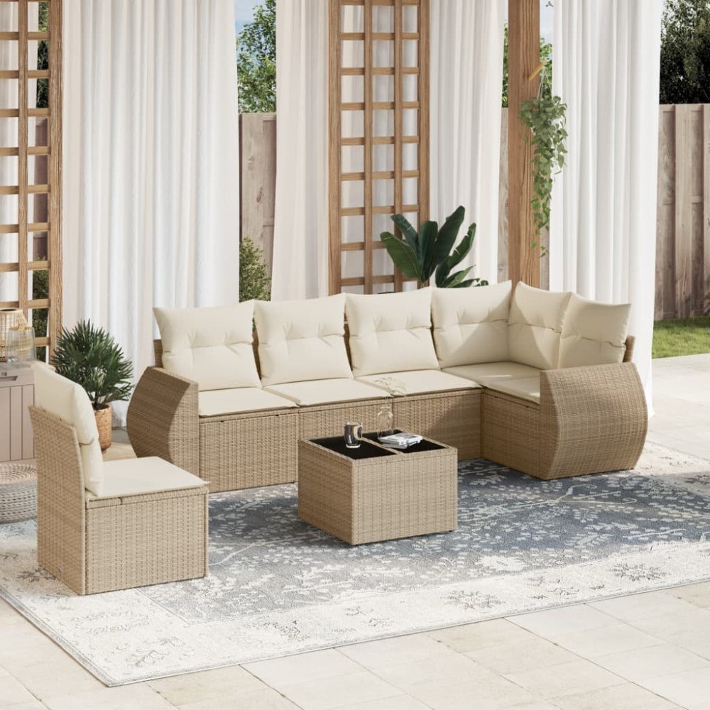 vidaXL Matgrupp för trädgården med dynor 7 delar beige konstrotting