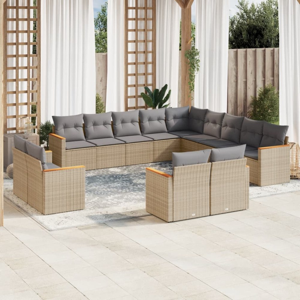 vidaXL Soffgrupp för trädgården med dynor 13 delar beige konstrotting