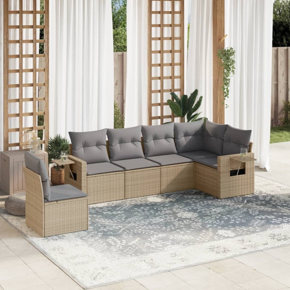 vidaXL Soffgrupp för trädgården med dynor 6 delar beige konstrotting