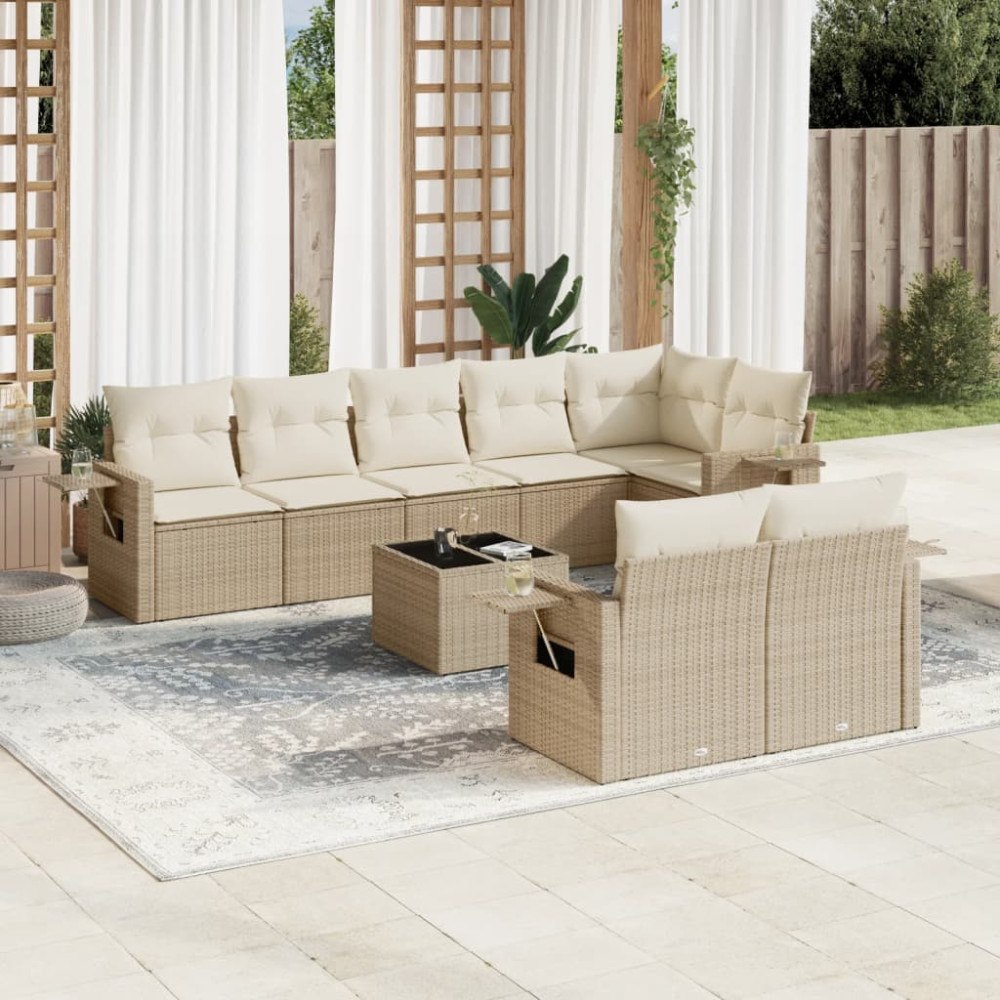 vidaXL Soffgrupp för trädgården med dynor 9 delar beige konstrotting