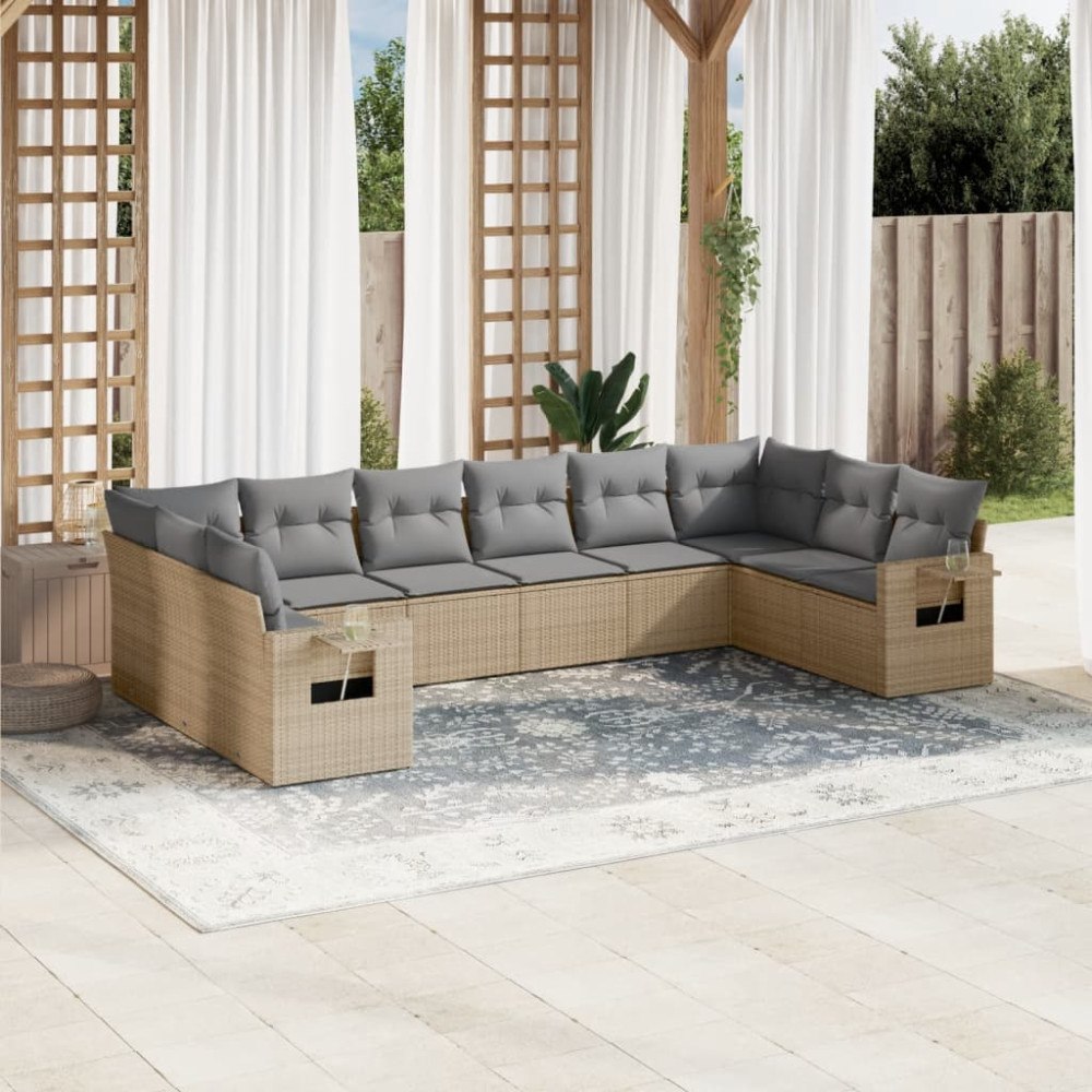 vidaXL Soffgrupp för trädgård med dynor 10 delar beige konstrotting