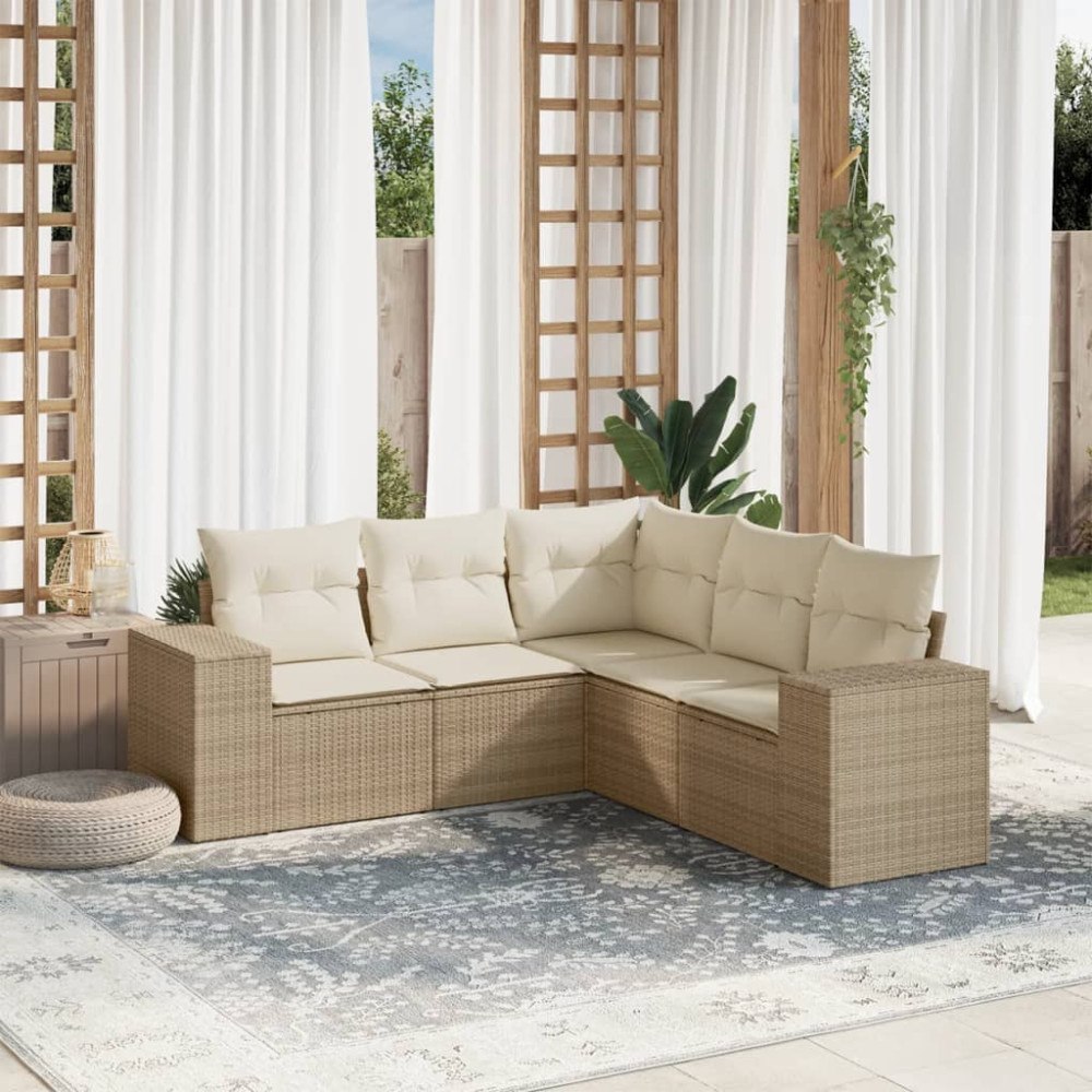 vidaXL Soffgrupp för trädgården med dynor 5 delar beige konstrotting
