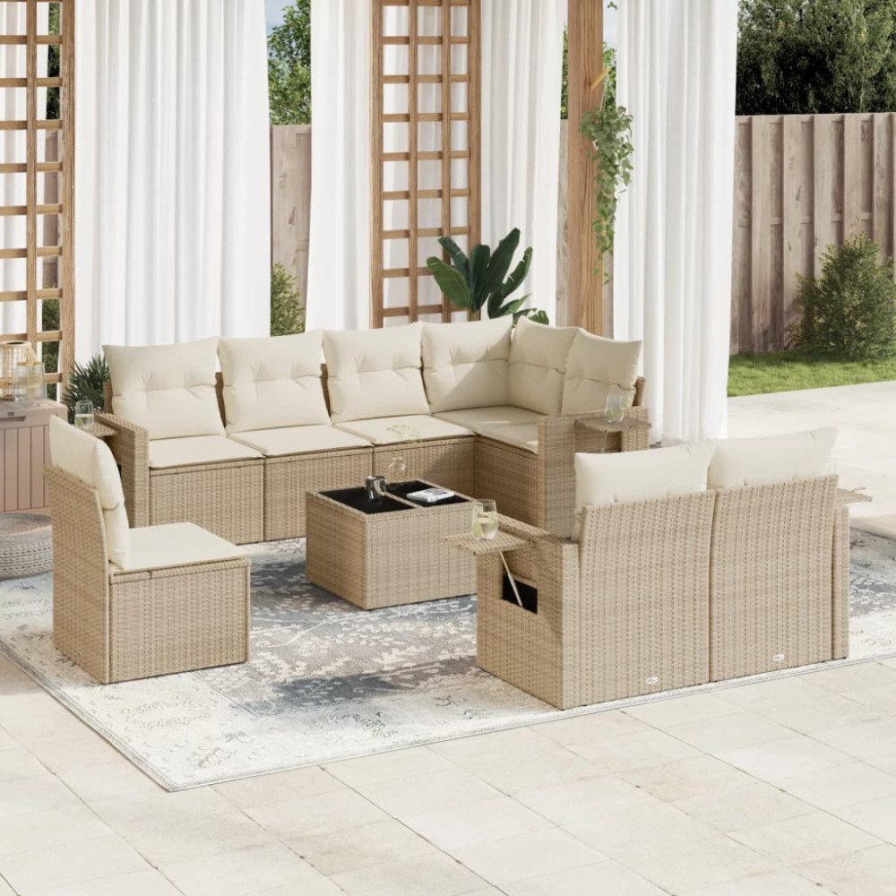 vidaXL Soffgrupp för trädgården med dynor 9 delar beige konstrotting